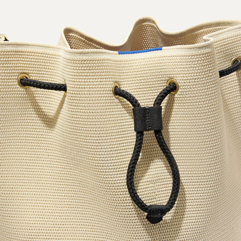 The Cinch Bucket Bag - Black and White Raffia-Knit