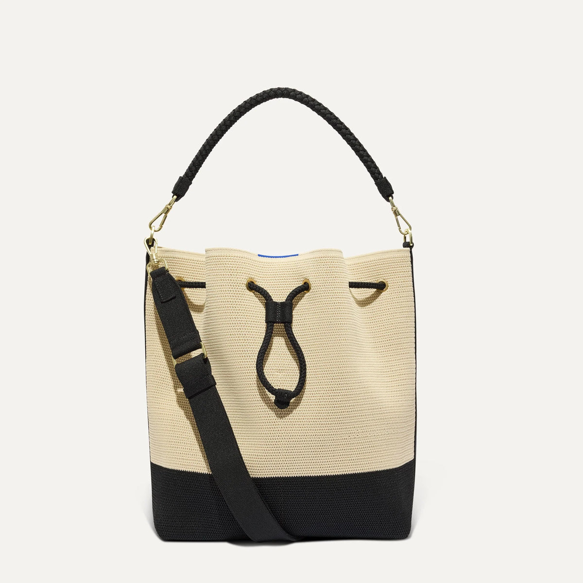 The Cinch Bucket Bag - Black and White Raffia-Knit
