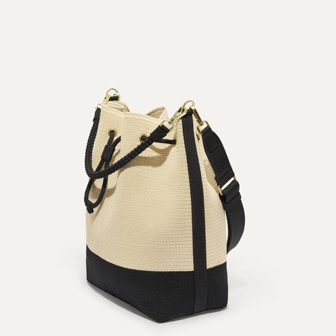 The Cinch Bucket Bag - Black and White Raffia-Knit