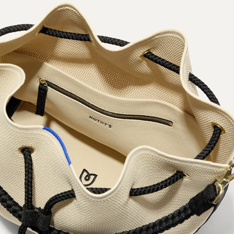 The Cinch Bucket Bag - Black and White Raffia-Knit