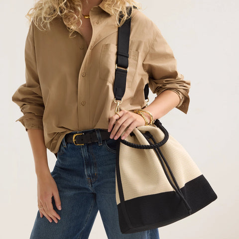 The Cinch Bucket Bag - Black and White Raffia-Knit