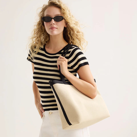 The Lightweight Zip Tote - Black and White Raffia-Knit